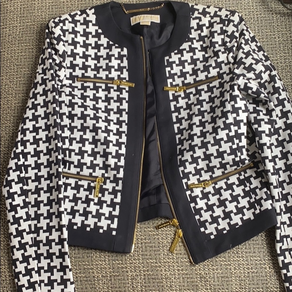 MICHAEL Michael Kors Black and White Houndstooth Zip Front Blazer size 2